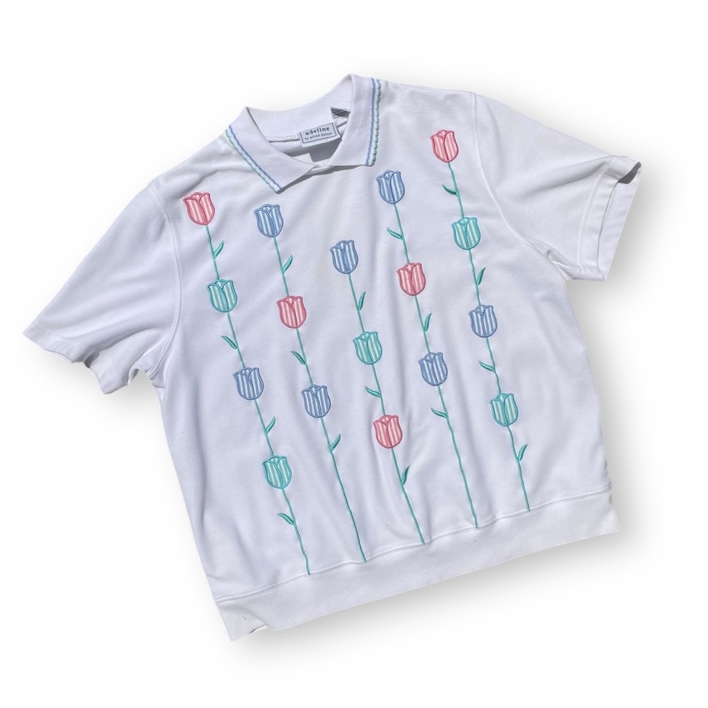Vintage Alfred Dunner White Polo with Pastel Tulip Embroidery